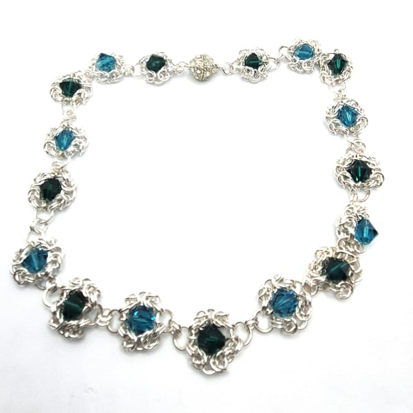 Silver plated chainmaille necklace with Swarovski crystals