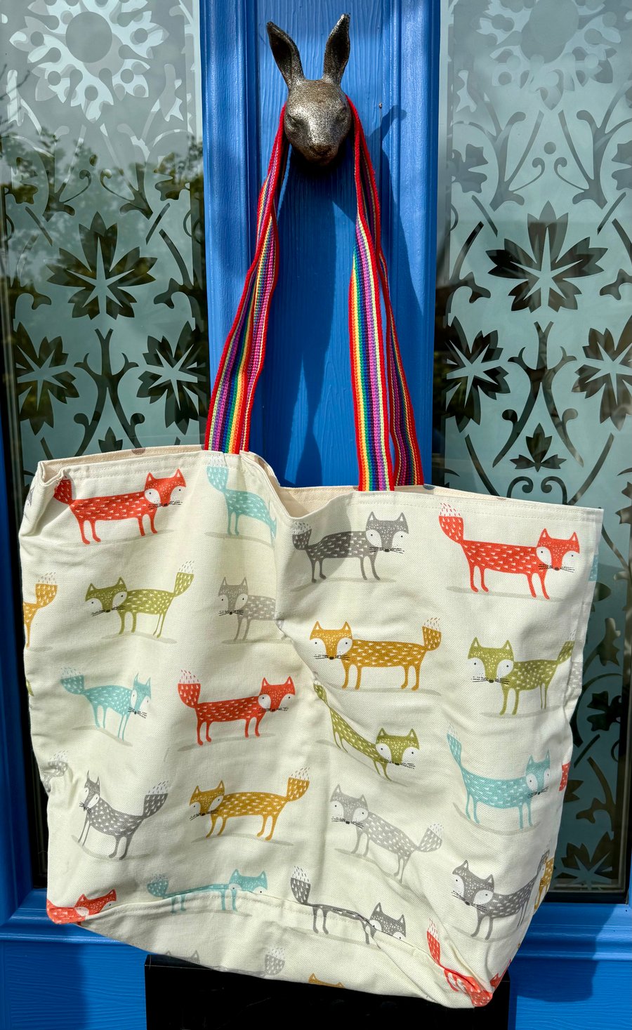 Large fox-pattern tote bag - cream background and rainbow webbing handles