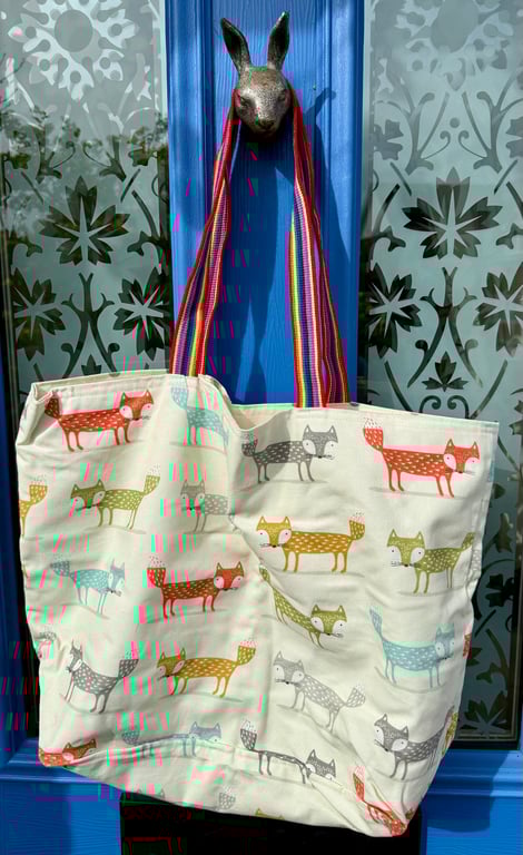 Large fox-pattern tote bag - cream background and rainbow webbing handles