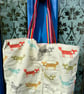 Large fox-pattern tote bag - cream background and rainbow webbing handles