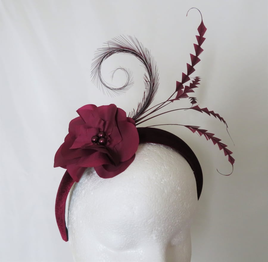 Burgundy Wine Feather and Flower Velvet Padded Headband Fascinator 