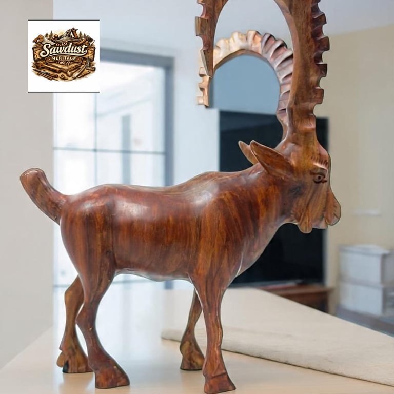 Hand Carved Wooden Ibex Statue Antique Mountain Goat Art Spiral Horns