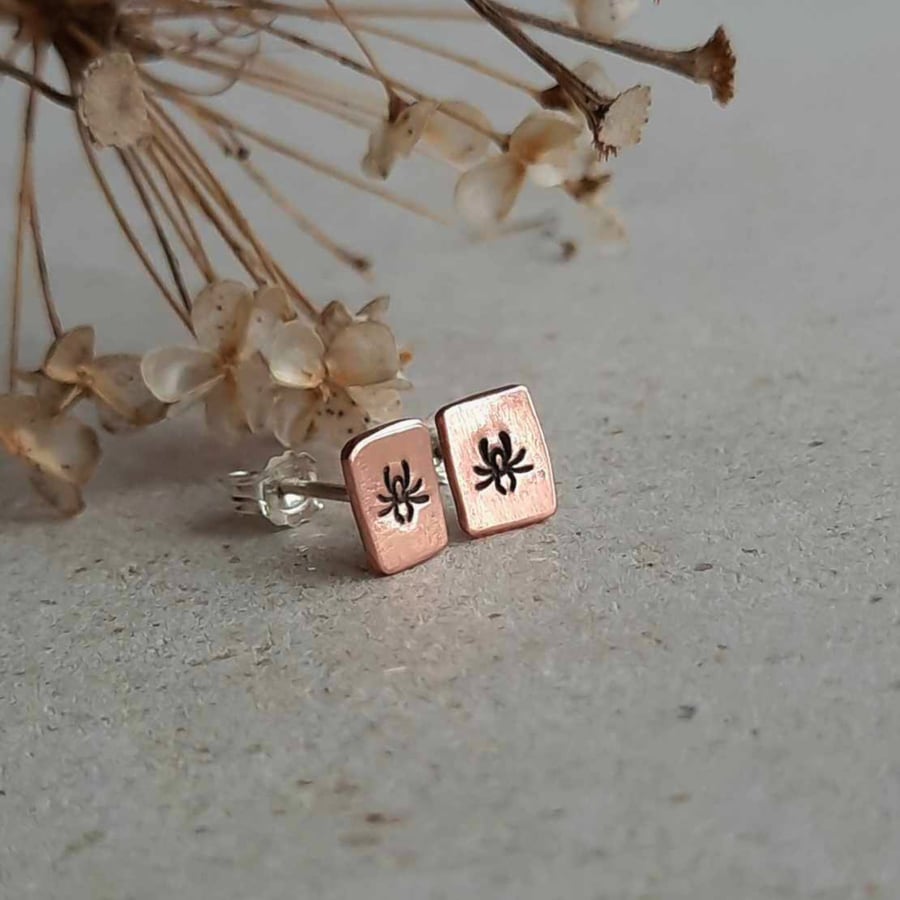 Copper Spider Stud Earrings - Hand Stamped Halloween Earrings