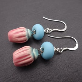 blue lampwork glass and pink ceramic flower earrings