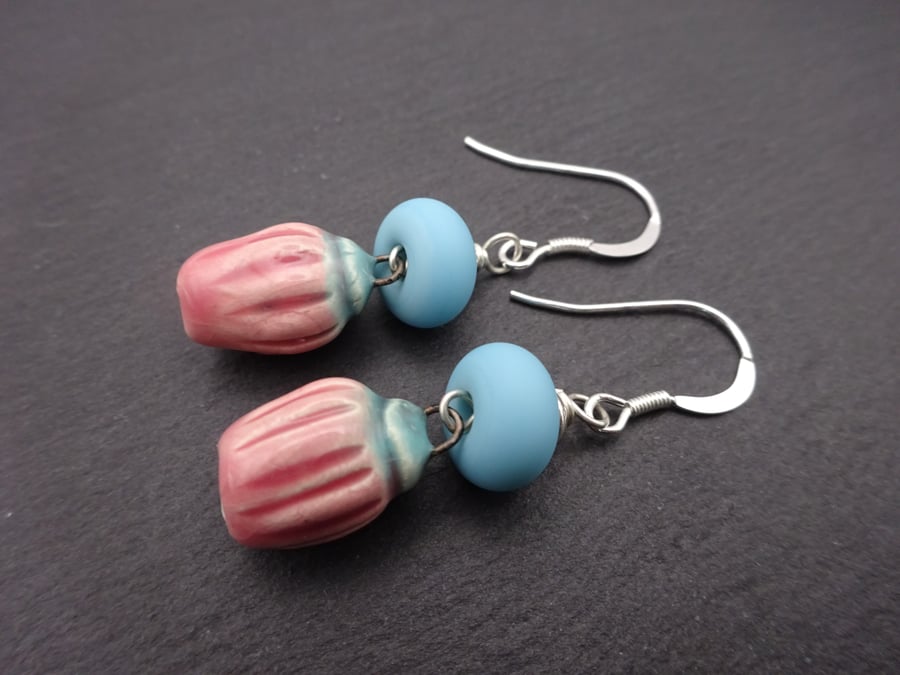 blue lampwork glass and pink ceramic flower earrings