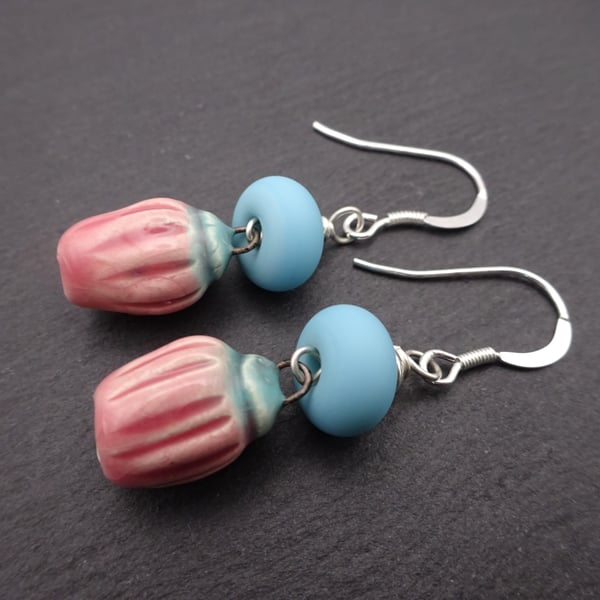 blue lampwork glass and pink ceramic flower earrings
