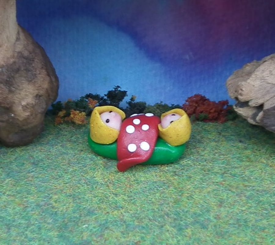Twin Baby Gnomes in a toadstool crib OOAK Sculpt by Ann Galvin