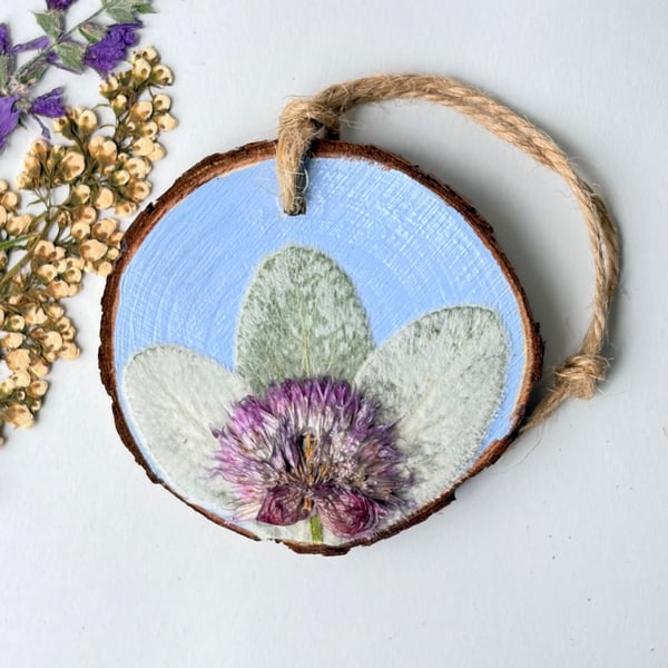 Real Pressed Flower, Chives, Hand Painted Wood Slice Hanging Decoration