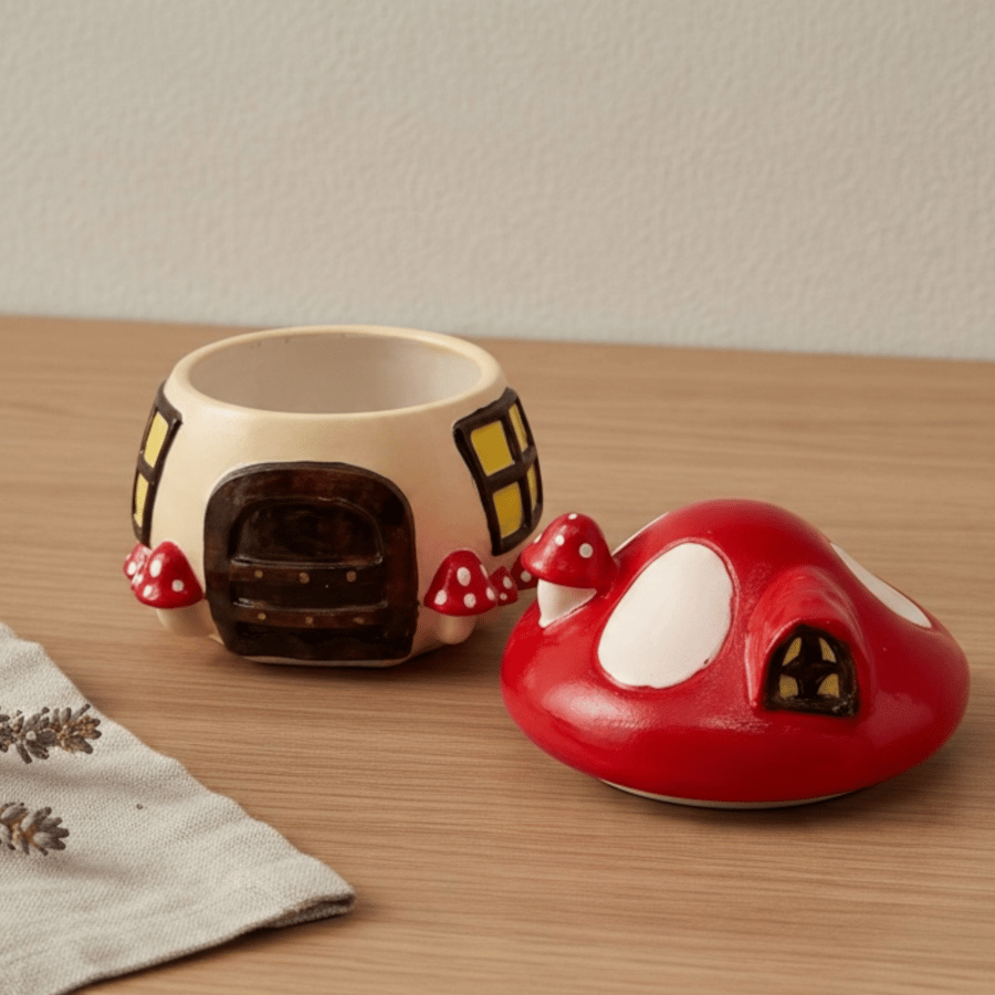 Hand Painted Mushroom House Trinket Pot - Jewellery and Keepsake Storage