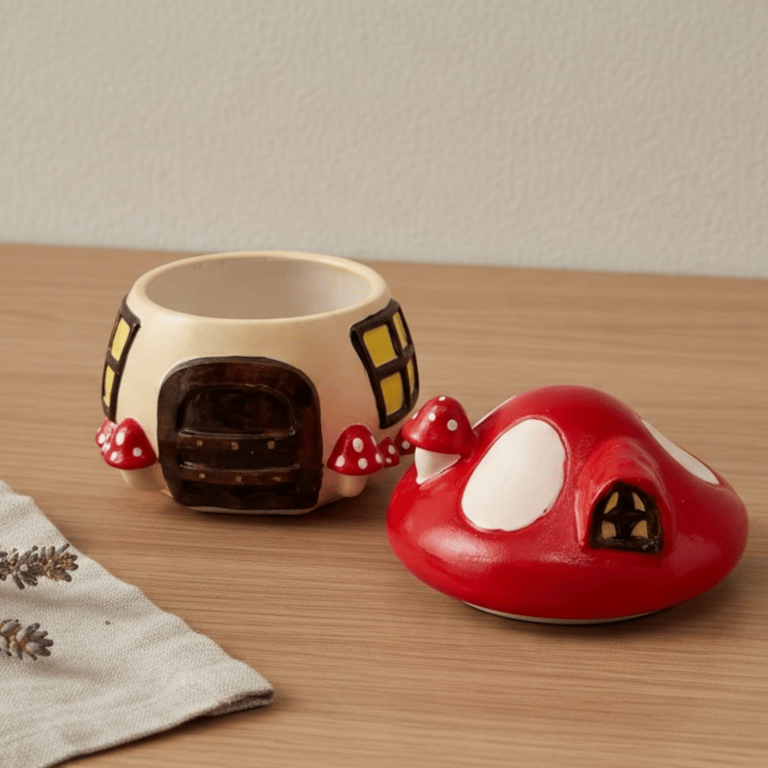Hand Painted Mushroom House Trinket Pot - Jewellery and Keepsake Storage