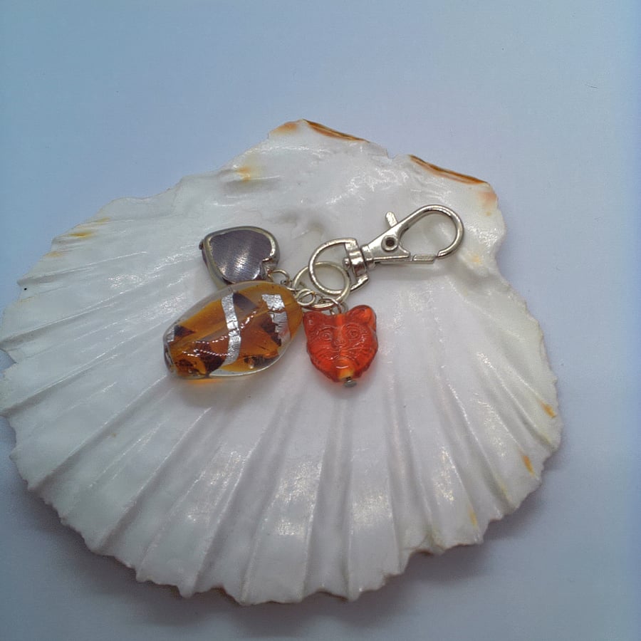 Golden Brown Cat Bead Lampwork Bead and Ceramic Heart Bag Charm, Gift for Her