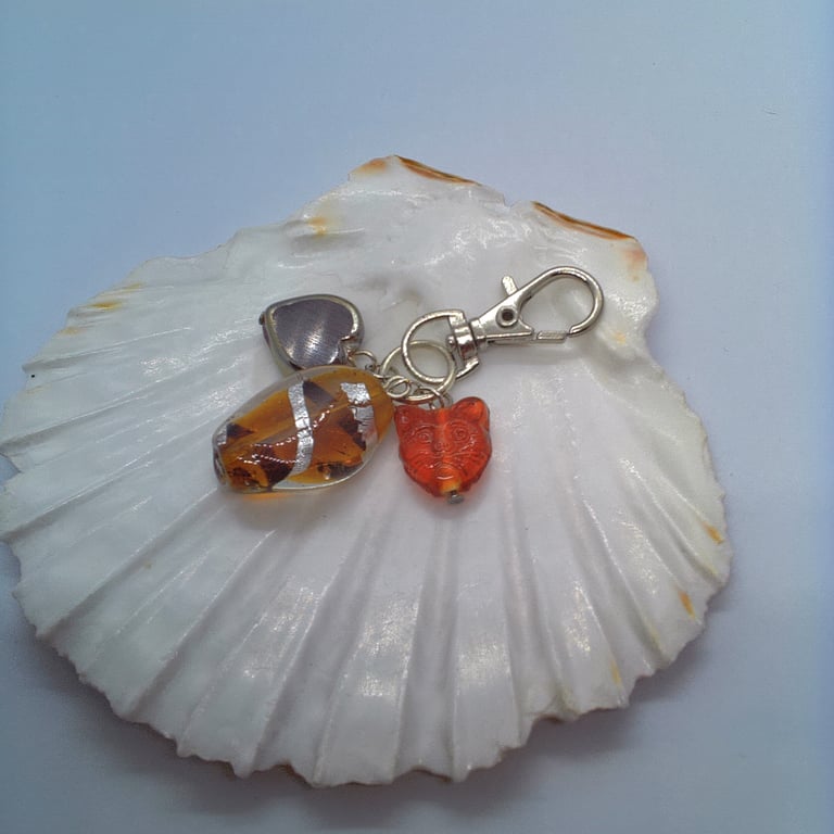 Golden Brown Cat Bead Lampwork Bead and Ceramic Heart Bag Charm, Gift for Her