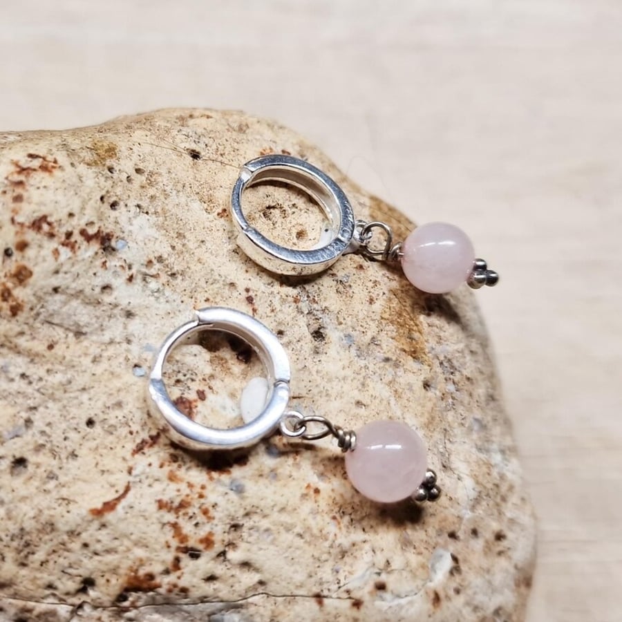 Rose Quartz huggie hoop earrings. Reiki jewelry uk. January birthstone