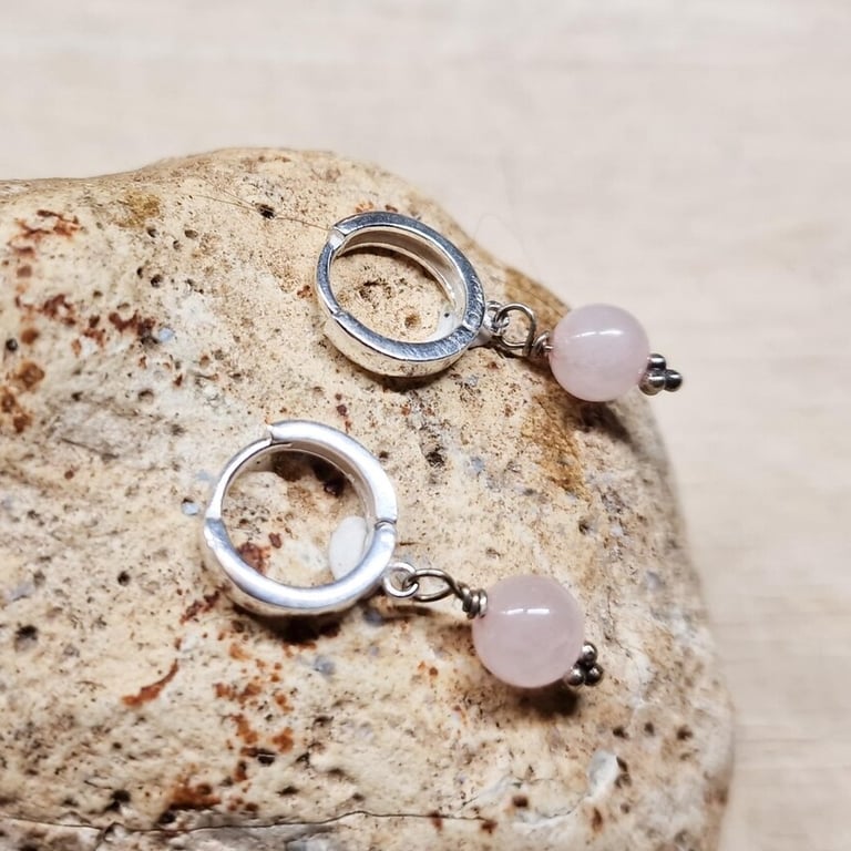 Rose Quartz huggie hoop earrings. Reiki jewelry uk. January birthstone