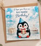 Penguin Birthday Card - Pearl Embellishment, Kraft Envelope - Image 2