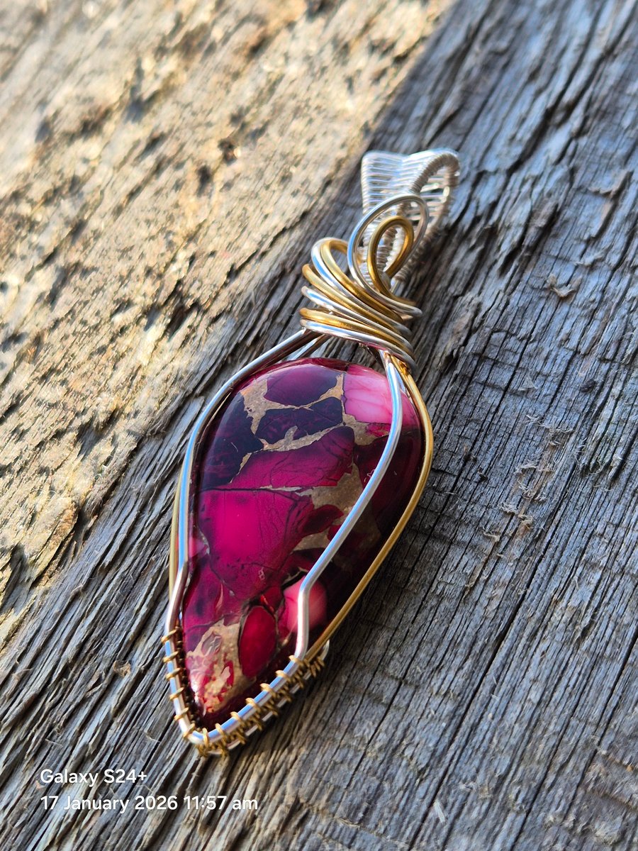 Wire wrapped Rose Dahlia gemstone, pendant necklace 