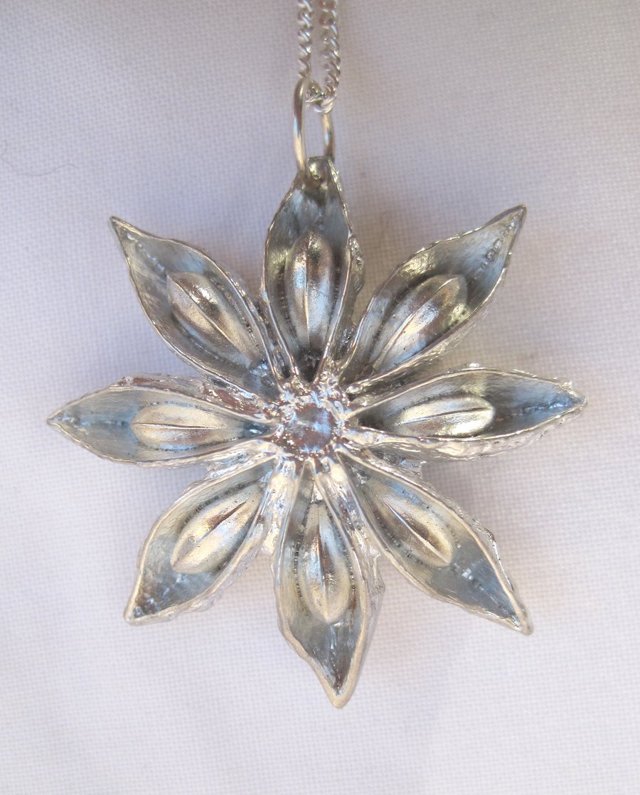 Star anise pewter pendant necklace with sterling silver chain