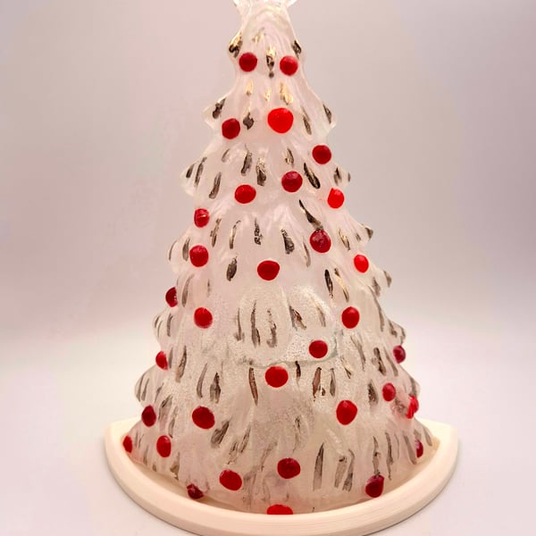 Handmade Fused Glass 3D Opaline Christmas Tree Candle Holder Red. Platinum