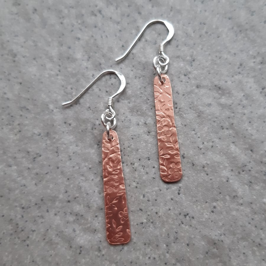 Copper Flower Pattern Drop Dangle Earrings With Sterling Silver Ear Wires