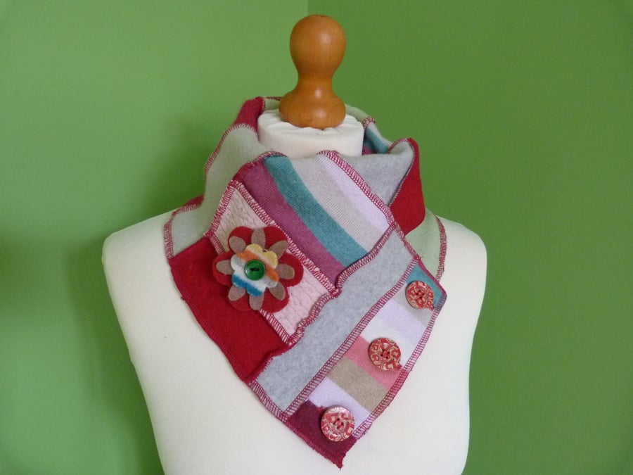 Neck Warmer Scarf with 3 button Trim. Upcycled Cowl. Felt Flower. Red Pink