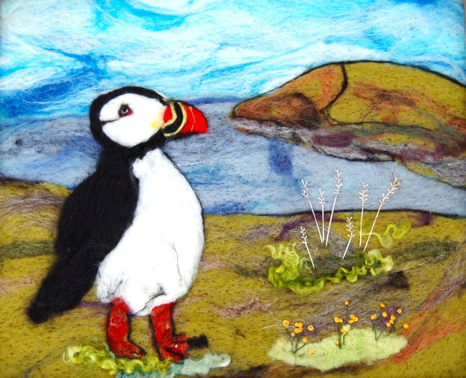  Puffin on the cliffs - Needle felt picture, textile art