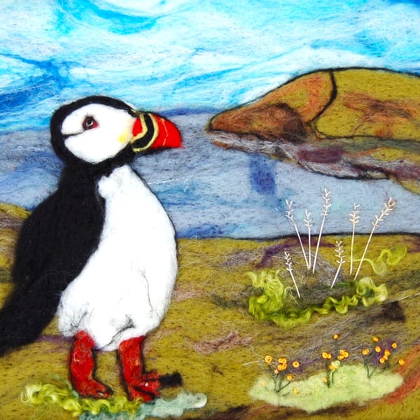  Puffin on the cliffs - Needle felt picture, textile art