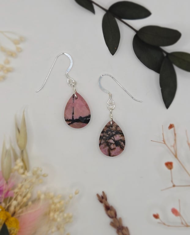 Pink zebra rhodonite faceted teardrop dangle earrings, sterling silver hooks