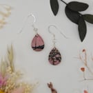 Pink zebra rhodonite faceted teardrop dangle earrings, sterling silver hooks