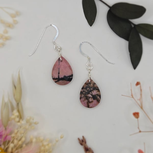 Pink zebra rhodonite faceted teardrop dangle earrings, sterling silver hooks