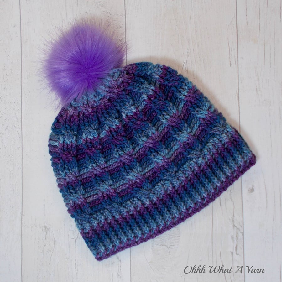 Ladies purple and blue cable pom pom hat. Crochet hat. Ladies hat.