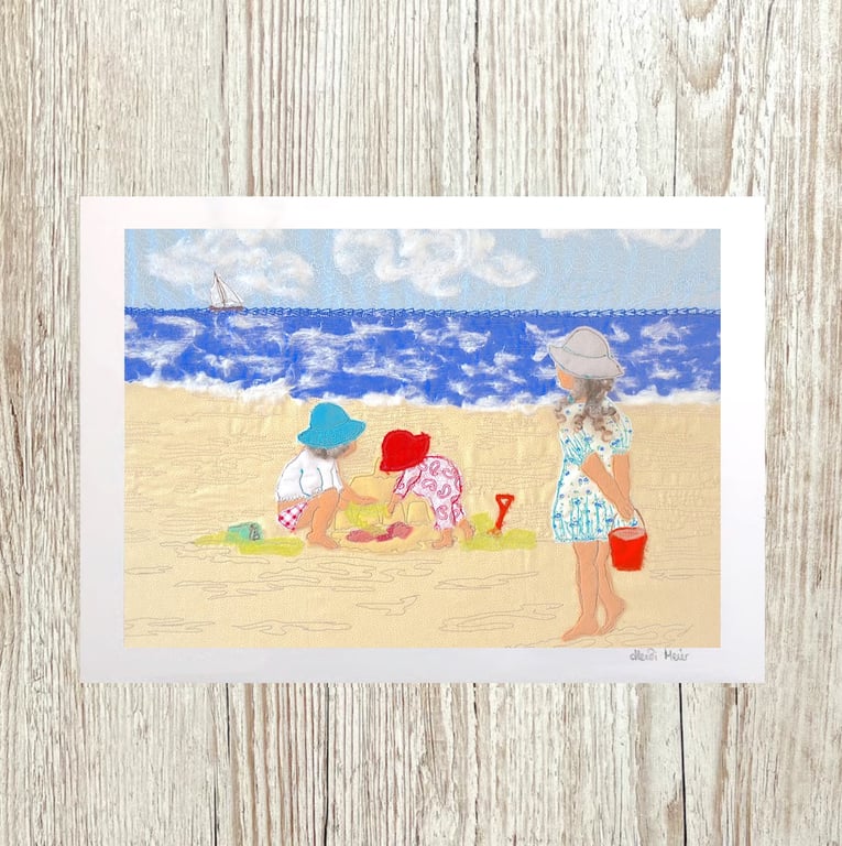 Children playing on beach, seaside picture - print of a textile artwork