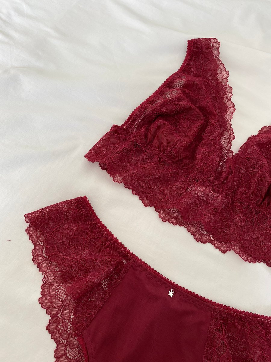 Handmade burgundy red lace and bamboo jersey crop top bralette and knicker set