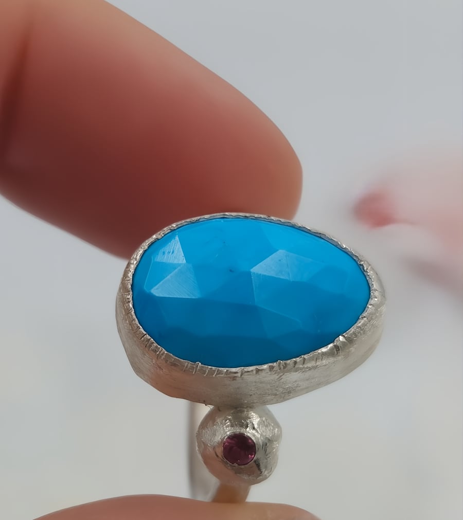 Turquoise Rose Cut Slice & Rhodolite Garnet Silver Ring