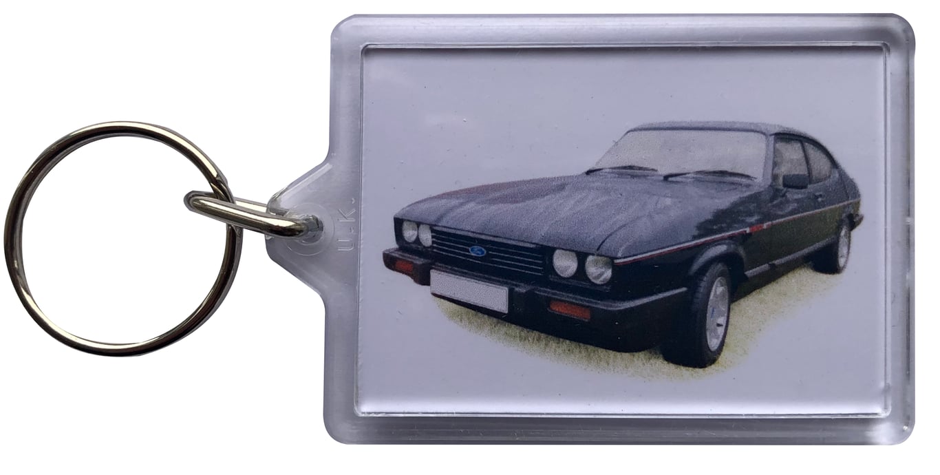 Ford Capri 2.8i 1984 (Black) - Keyring with 50x35mm Insert - Car Fan