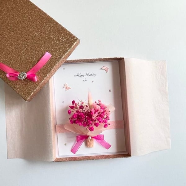 Handmade Personalised Birthday Card, Dried Flower Bouquet Card C075