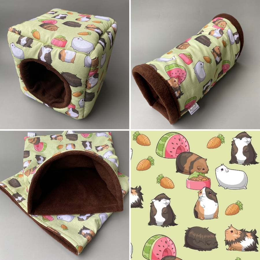 Guinea Pigs full cage set. Regular cube house, tunnel and snuggle sack. 