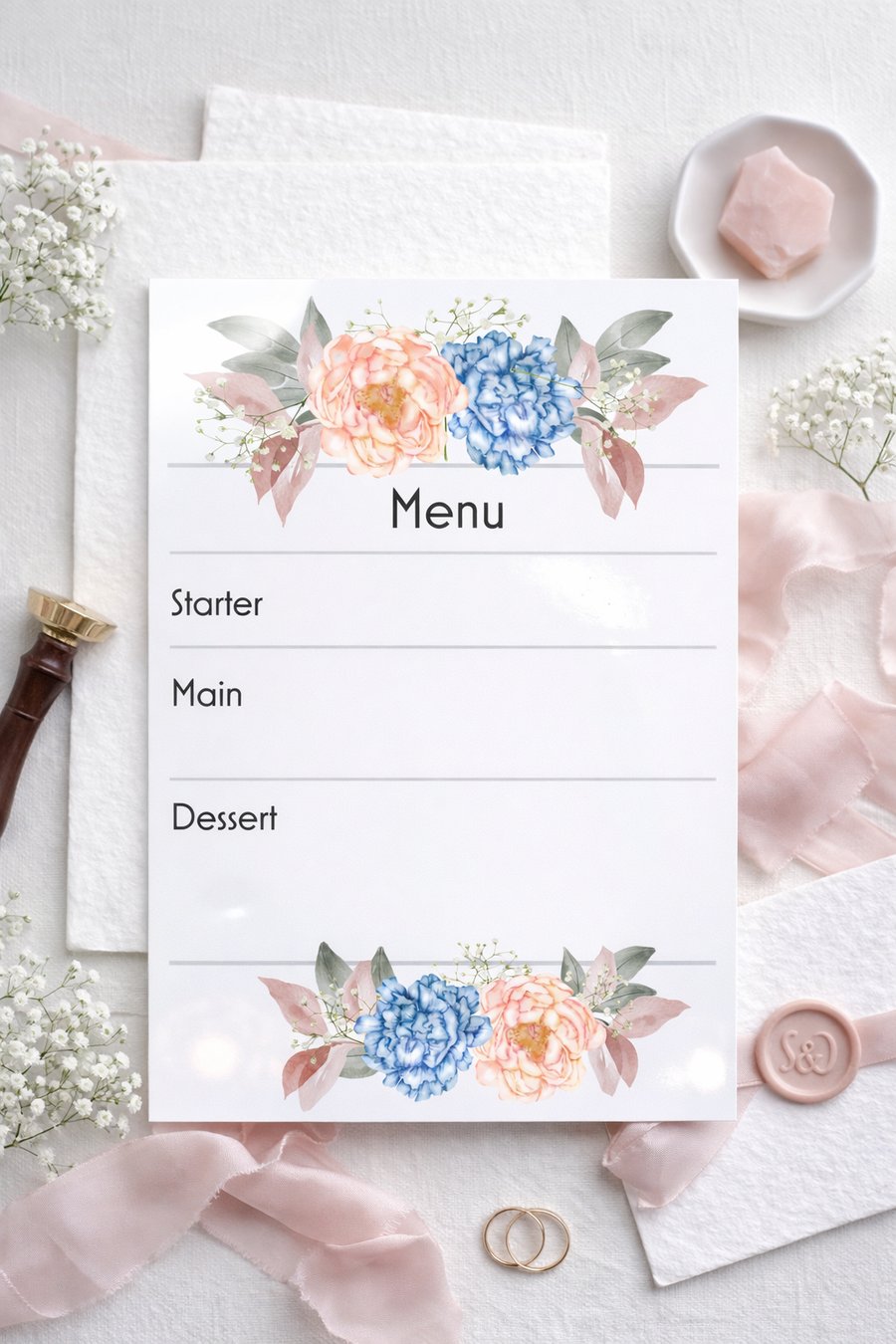 Blush & Blue Bloom Wedding Menu Card, Floral Menu, Signature Wedding Stationery