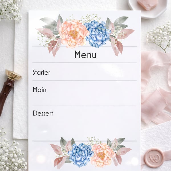 Blush & Blue Bloom Wedding Menu Card, Floral Menu, Signature Wedding Stationery