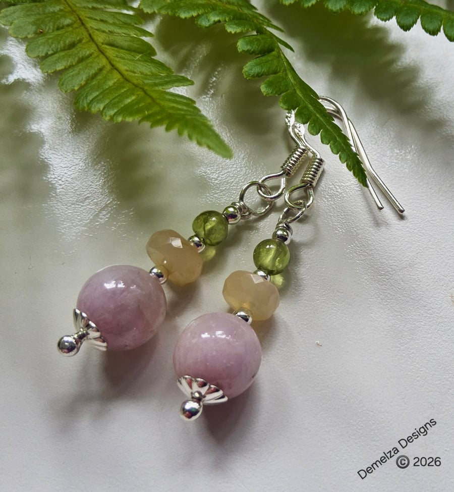 Pink Kunzite, Wello Opal & Peridot Hand Made Sterling Silver Earrings 