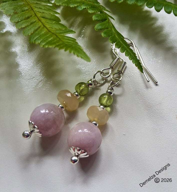 Pink Kunzite, Wello Opal & Peridot Hand Made Sterling Silver Earrings 