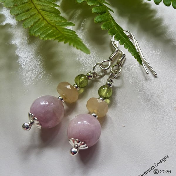 Pink Kunzite, Wello Opal & Peridot Hand Made Sterling Silver Earrings 