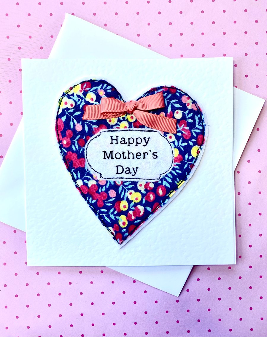 Mother’s Day Card Floral Liberty Fabric Heart Free Motion Embroidery Keepsake 