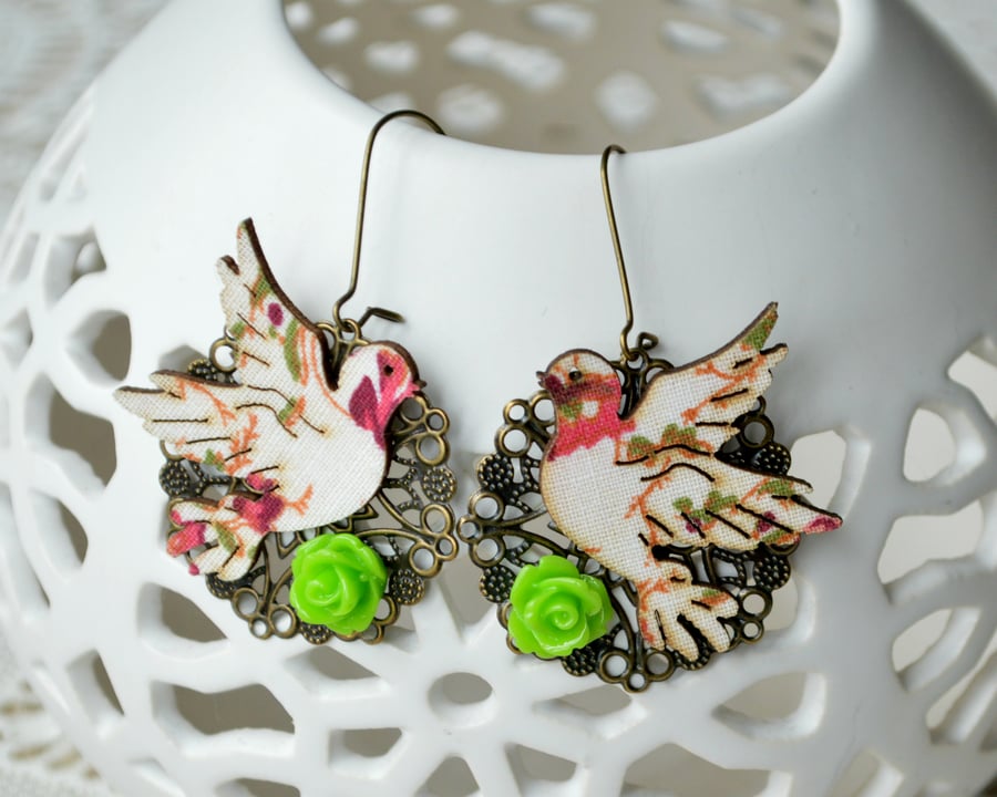 Decoupage Bird Earrings with Green Roses