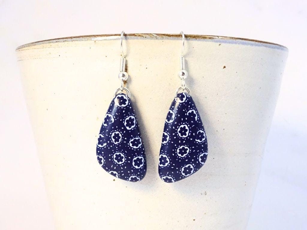 Dark Blue and White Statement Earrings, Navy Flower Earrings
