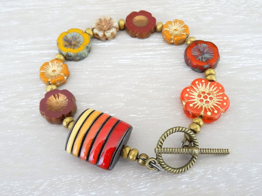 Ceramic Bracelet, Flower Bracelet, Red, Mustard and Orange Bracelet.
