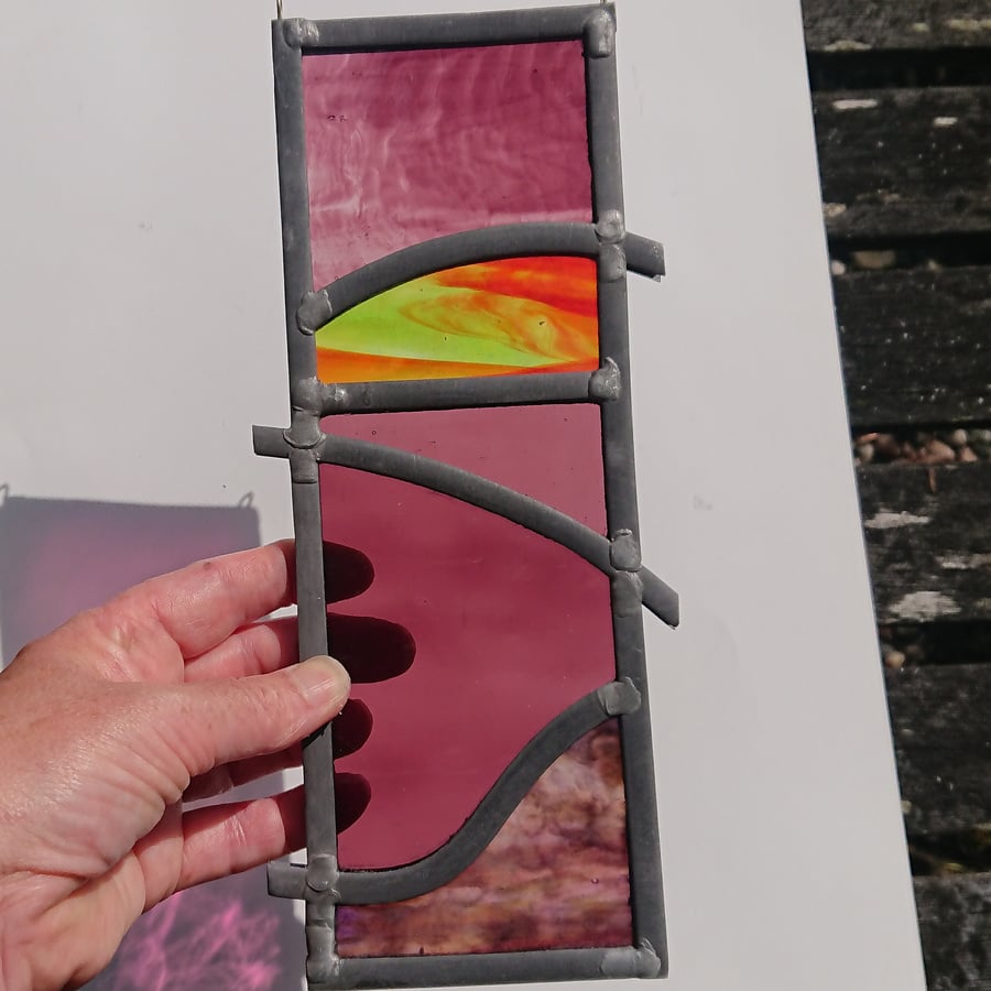 Abstract stained glass seascape, beach, sea, sunset and sky leaded panel