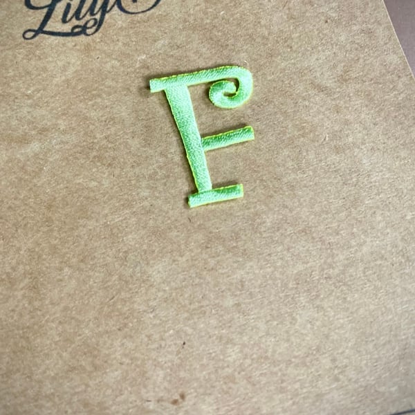 Embroidered Letter F Iron On Patch 2.5cm x 3.5 cm Lime Green