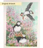 Three puffins with sea thrift, an original artwork, bird art, bird painting - Image 3