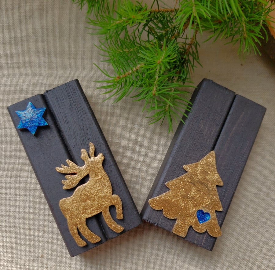 Christmas 2x recycled wooden ornaments