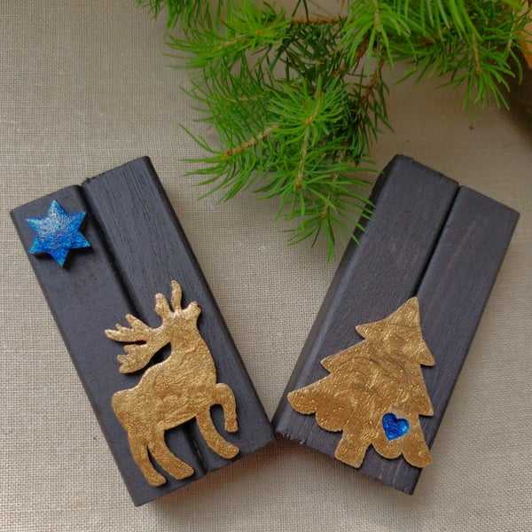 Christmas 2x recycled wooden ornaments